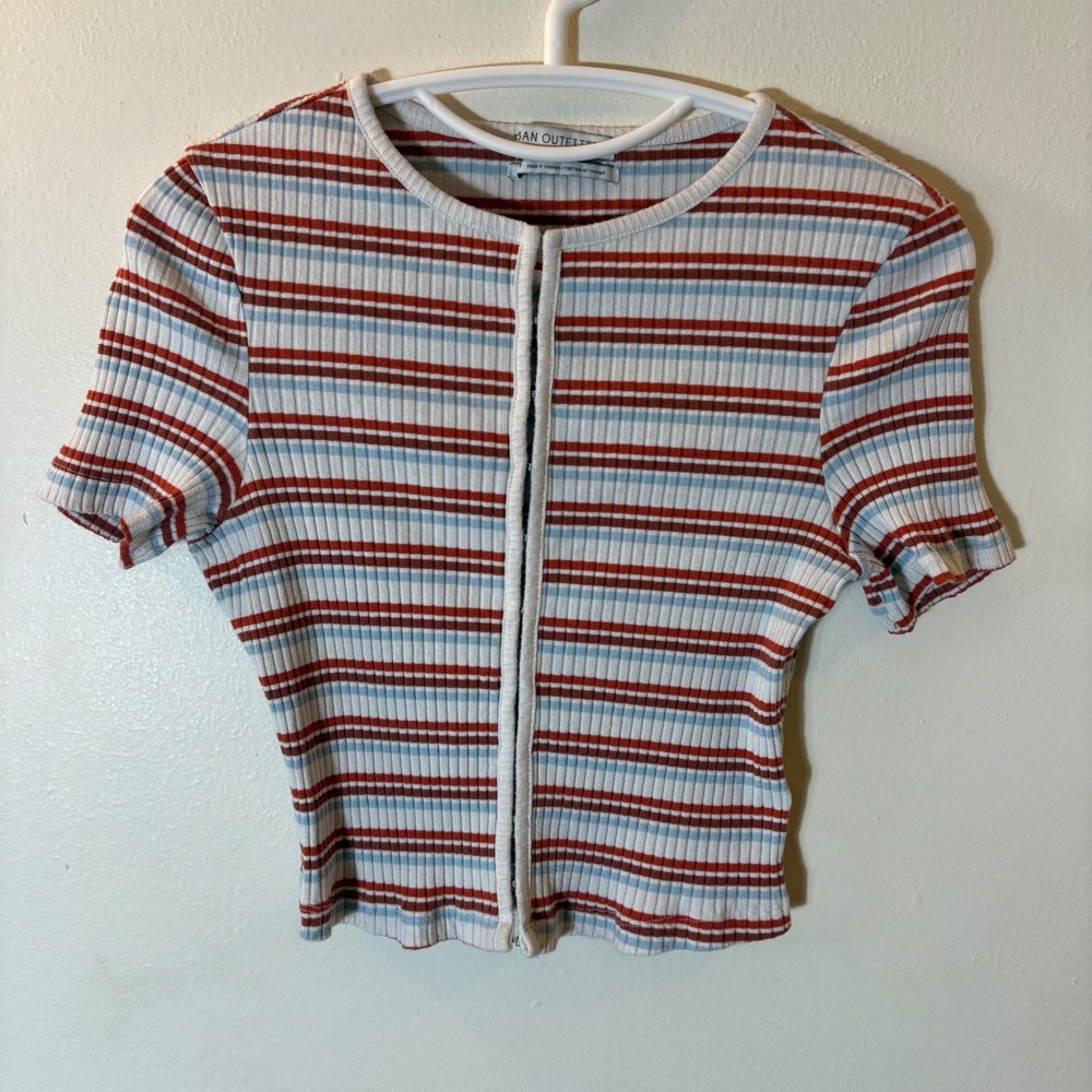 Urban Outfitters Striped Ribbed Hook Eye Front‎ Crop Top Orange Blue Size Small